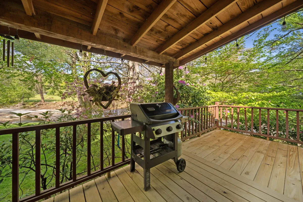 An inviting exterior porch area featuring a wooden railing, a grill ready for barbecuing, hanging plants, and lush greenery in the background. The scene conveys a seamless connection to the outdoors, with ample space to relax or gather after exploring nearby trails or the riverbank.